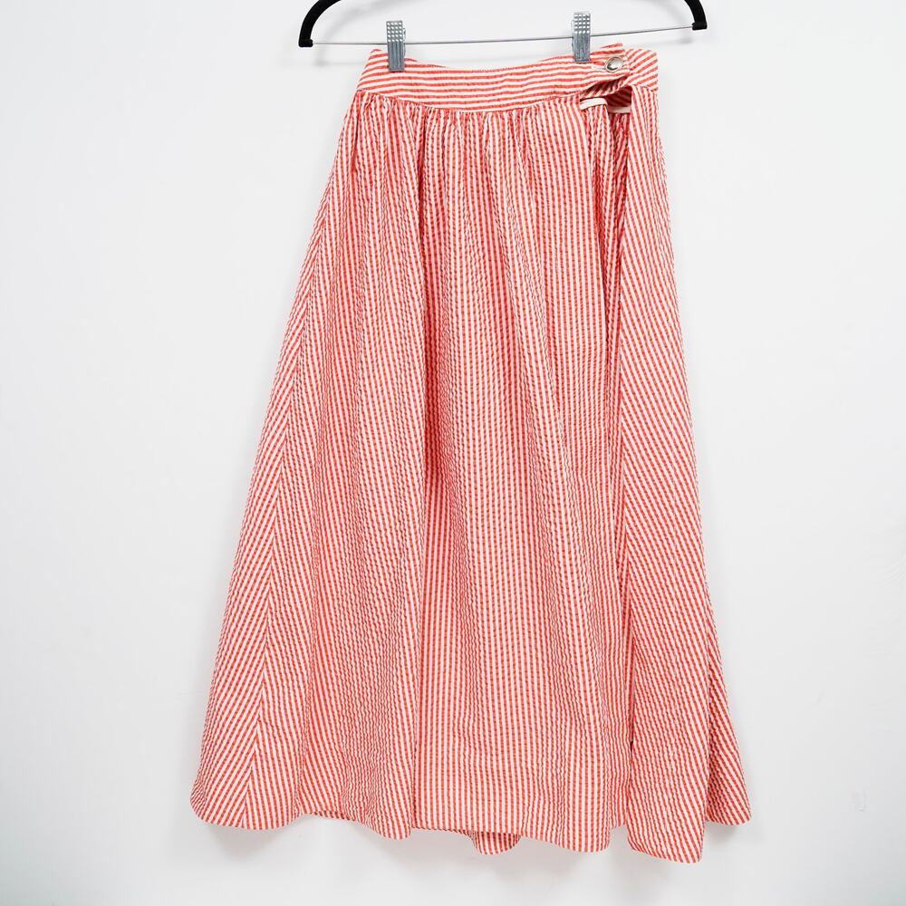 Maeve Anthropologie Wrap Midi Skirt Red White Seersucker Stripe Size 0